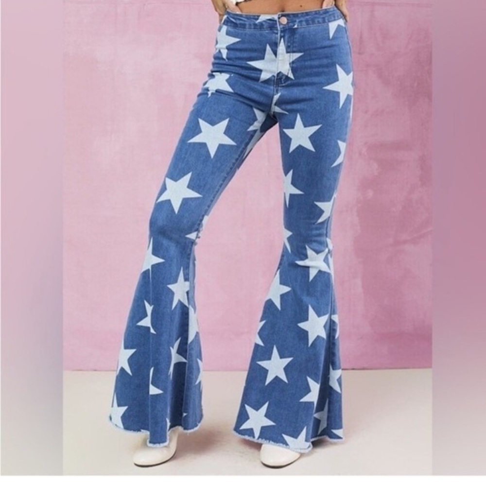Star Print Superbell Jeans 70s Retro Flare Festival Denim HighRise Altar’d State